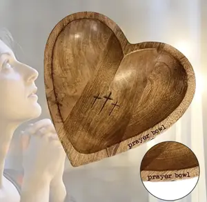 Heart-Shaped Wooden Prayer Bowl Handcrafted Vintage with Cross & Letter Pattern Includes 3 Prayer Cards for Spiritual Comfort and Decor