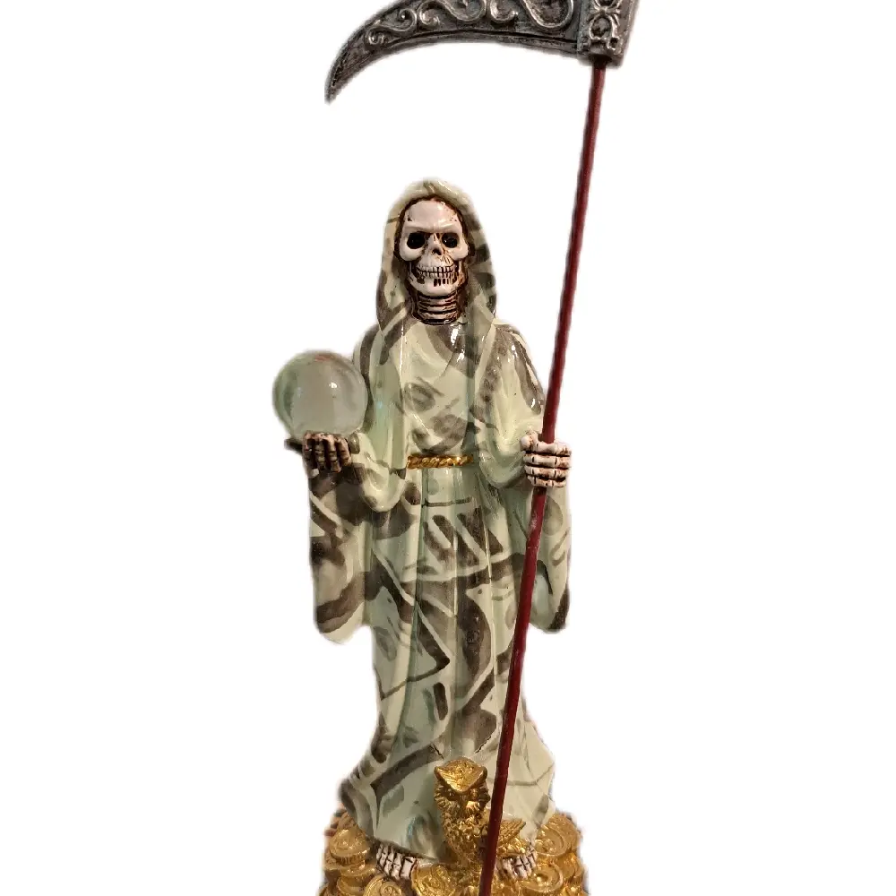 9 inch Money Santa Muerte Statue with Gold Coin Base and Scythe for Wealth and Protection Decor
