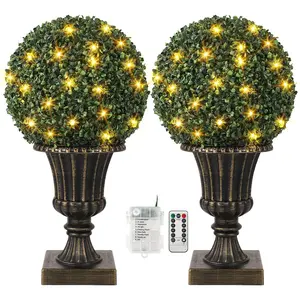 Garvee 24" Pre-Lit Artificial Topiary Trees, 2-Pack Faux Boxwood Ball Plants with Remote & Timer, UV Resistant Potted Trees for Outdoor Entrance, Christmas Decor, Available in Vintage Urn or Decorative Red/White Base for Year-Round Use