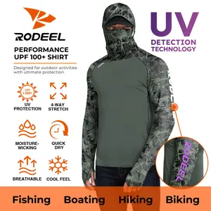 RODEEL 934 Sun Hoodie Shirts w/ UV Detection Mask Neck Gaiter Thumbhole Men UPF 100+ Sun Protection Long Sleeve Lightweight Quick Dry Moisture Wicking Breathable Cooling Activewear for Outdoor Sport Fishing Construction Roofing, summervibes