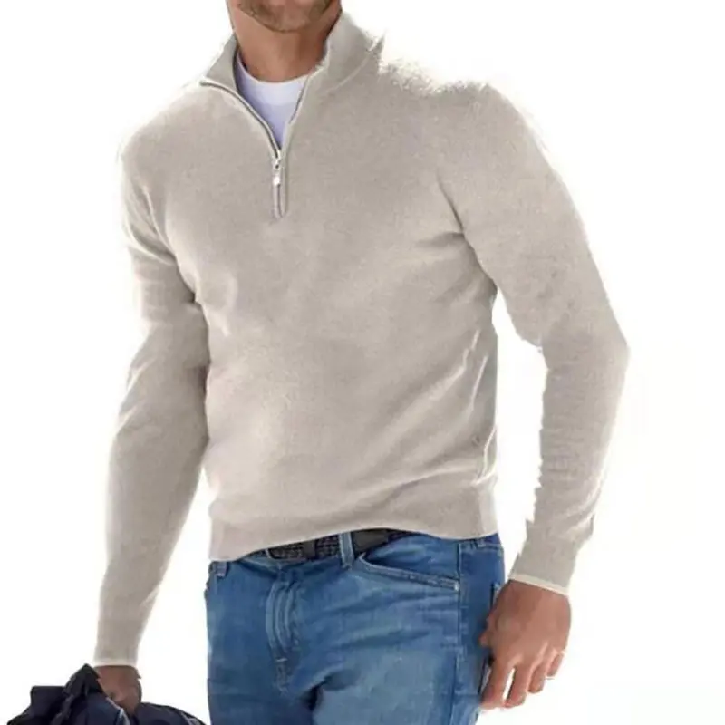 Men’s half-zip V-neck long-sleeve casual knit sweater, minimalist design that flatters the figure, beige men’s top