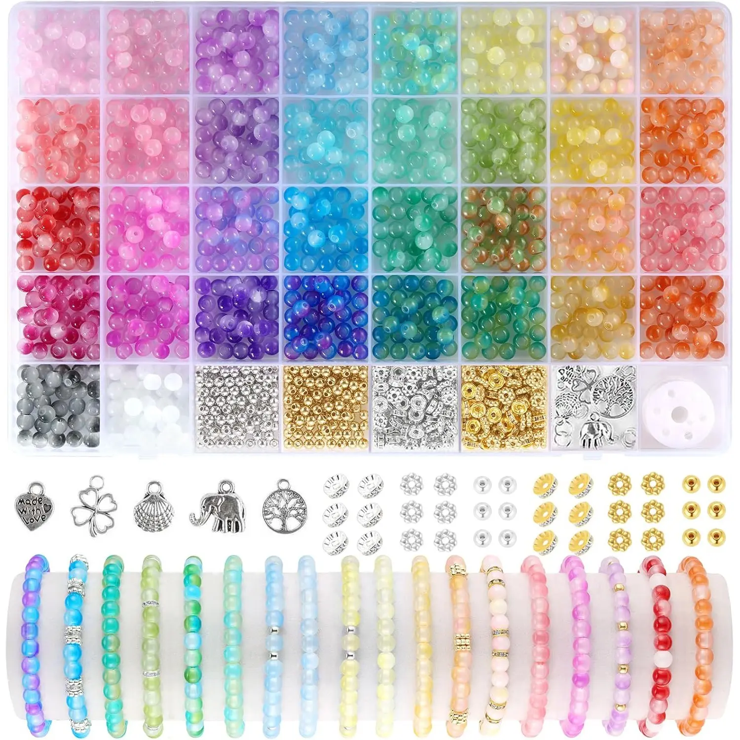 1435pcs 6mm Glass Beads Handmade Beads DIY Craft Kit, 34 Solid Colors + Rainbow Gradient, Jewelry Making Supplies, Bracelet Earring Necklace Accessories, Bead Kits