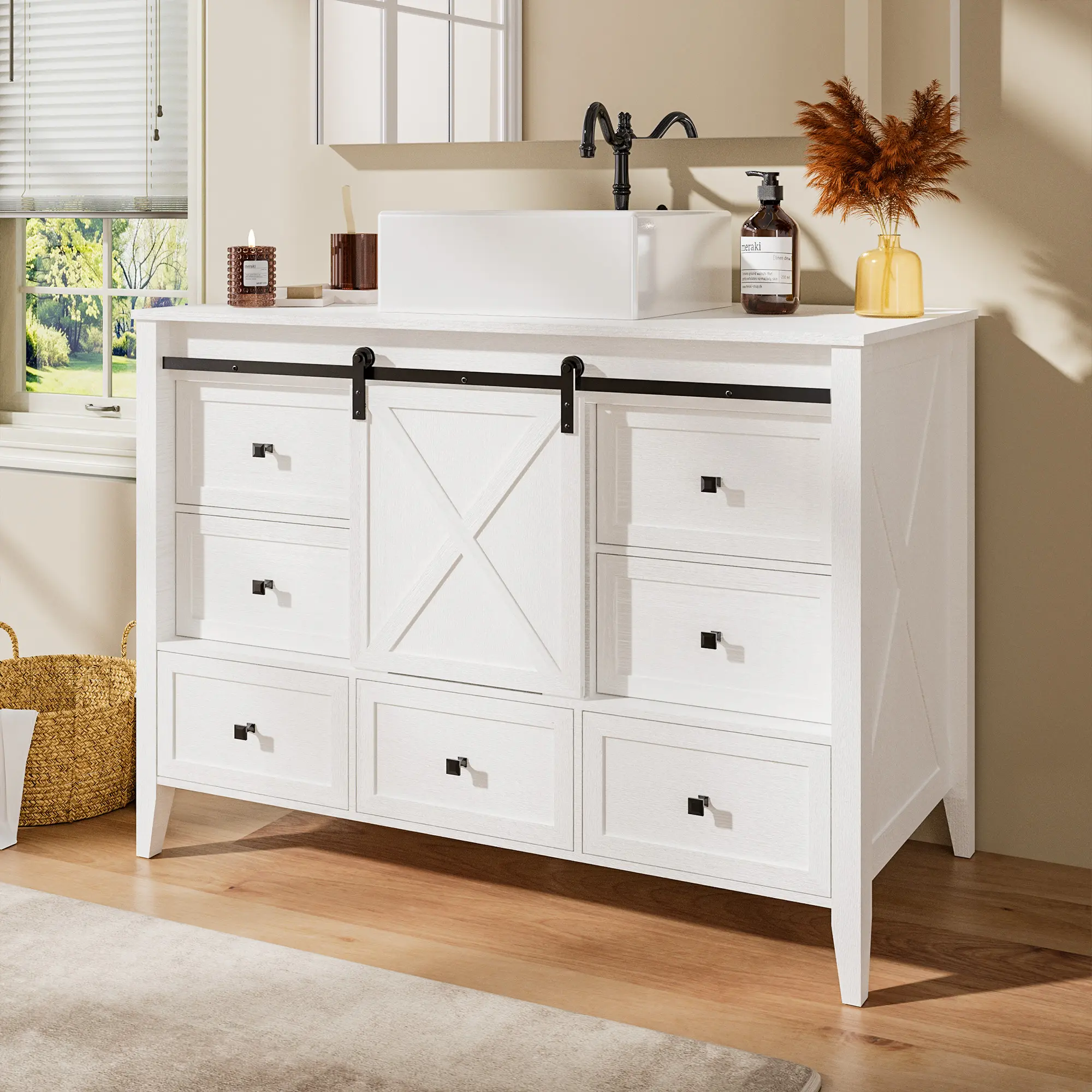 36-60 Inch White Farmhouse Freestanding Bathroom Vanity with Ceramic Countertop & Elevated Sink, Sliding Barn Door, 3 Drawers, Hidden Cabinet, Bathroom Storage Cabinet, Wood Grain Texture, Assembly Required, 60Inch