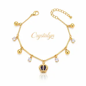 Crystalyn  14K Gold Dainty Adjustable Chain Link Anklet - Royal Blue Crystal Crown Charm, Non-Tarnish FaithJewelry,Cute Bell, Boho Beach Style, Fine Chain Stone Blue Charm Anklets, Trendy Aesthetic Birthday Gift for Teen Girls, Bling Bling Anklets,