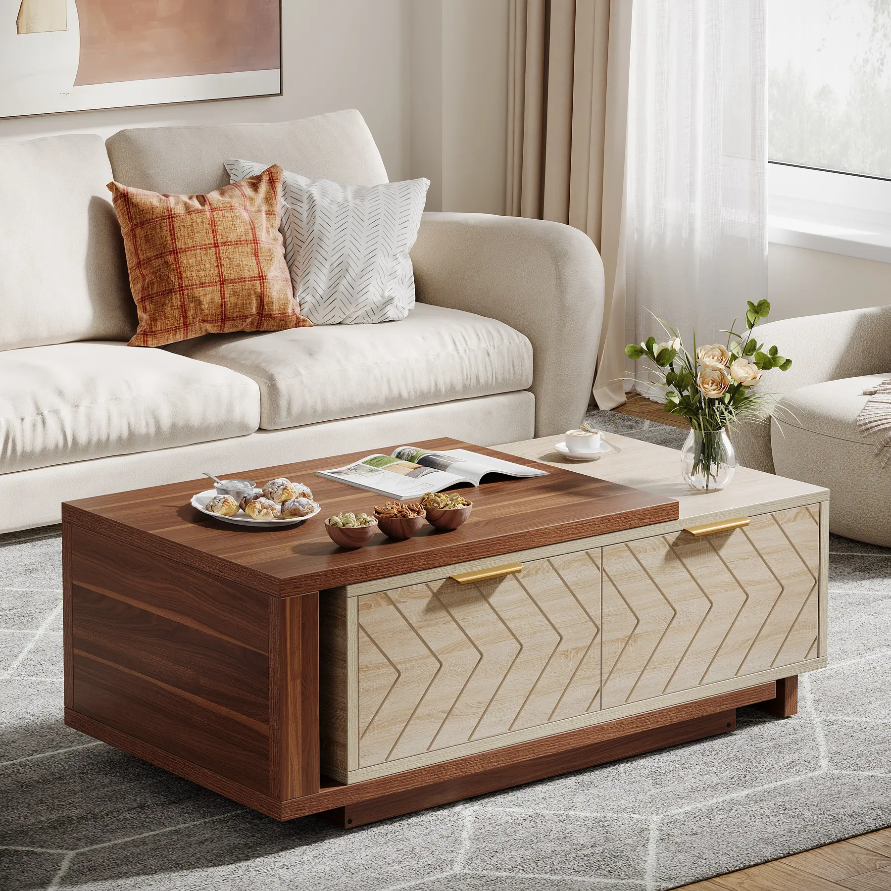 LITTLE TREE Extendable Coffee Table, 42"-65" Length Adjustable Reversible Wood Coffee Table with 2 Storage Drawers for Living Room, Large Long Rectangular Dual-Tone Center Table (Walnut & Oak)
