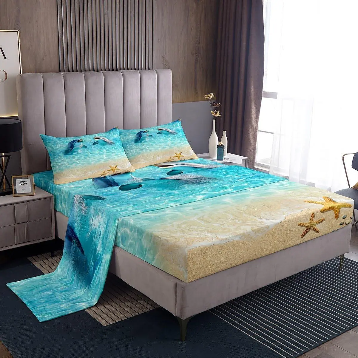 Feelyou Hawaiian Ocean Theme Bedding Set - Cute Dolphin, Starfish Beach Life Design, Sea Blue Fitted & Flat Sheet, Set Includes Core Bedding Linens for Room Decor