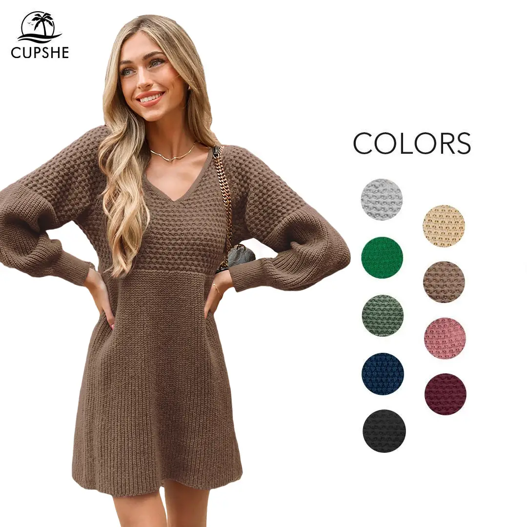 CUPSHE Women's Casual Sweater Dress VNeck Honeycomb Long Sleeve Textured Knit Pullover Dresses Womenswear Fall Dress Early Autumn