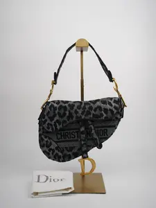 Pre-owned Dior canvas Shoulder Bags Christian Mizza Embroidered Saddle Bag Gray