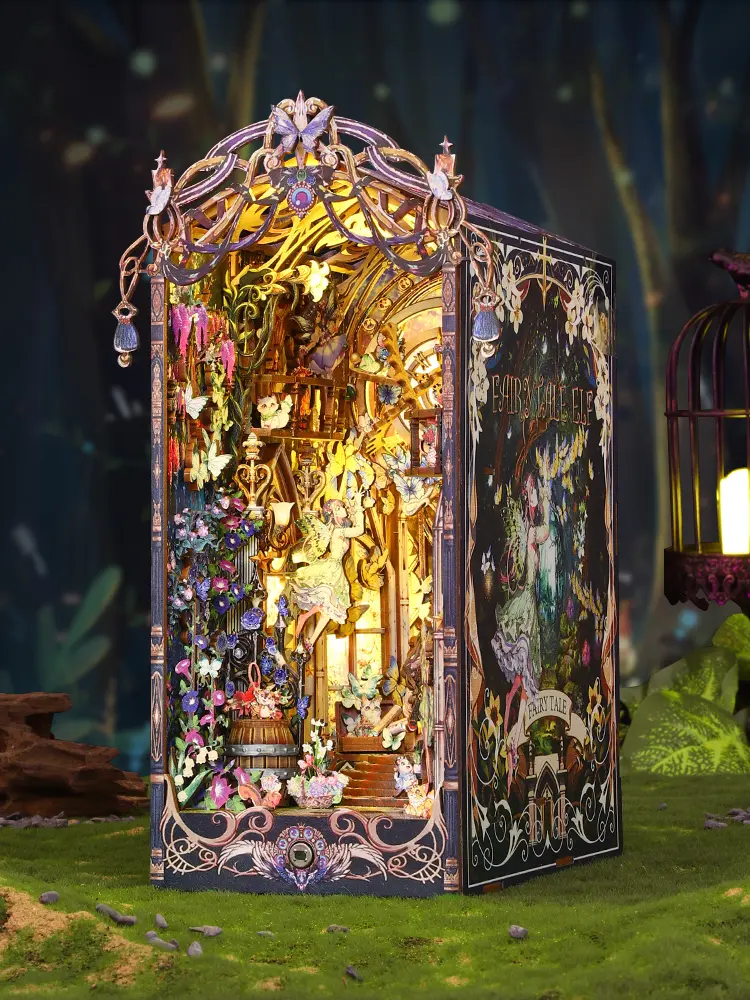 DIY Book Nook Kit for Adults – Fairy Tale Fantasy Booknook with Touch Light, Wooden Bookshelf Insert Diorama, Cutebee Rolife Style Miniature Kit, Enchanted Elf Scene, Book Nooks for Book Lovers & Collectors