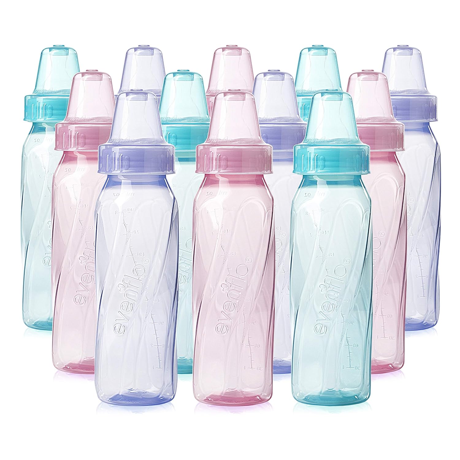 Feeding Classic Tinted Plastic Standard Neck Bottles for Baby, Infant and Newborn, Pink/Lavender/Teal, 8 Oz, 12 Bottles