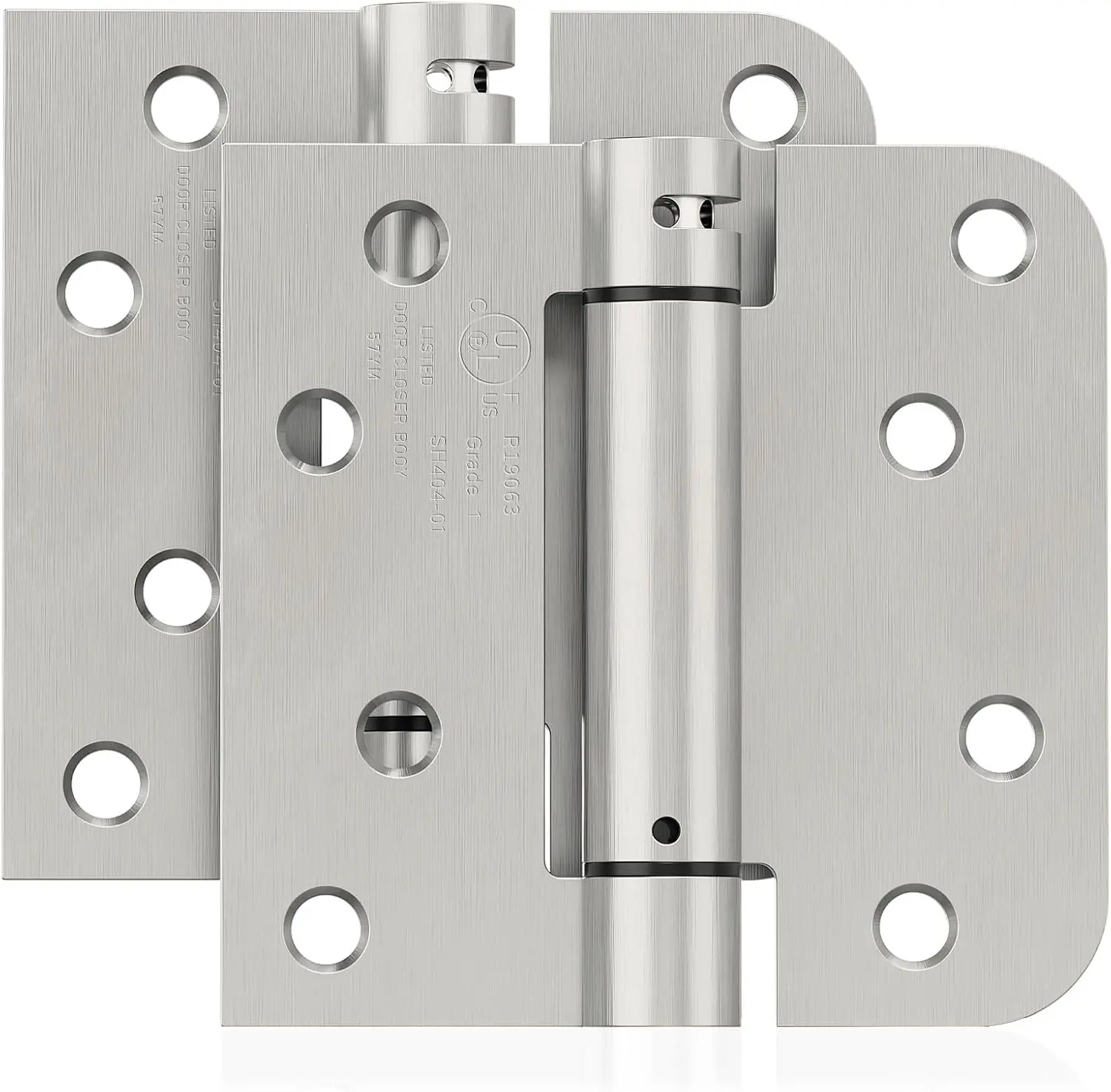 2 Pack Self Closing Door Hinges, 4 Inch Spring Loaded Door Hinges for Garage, Front, Back Door, Left/Right Hand, Adjustable Tension, 5/8'' Radius Corners, UL Listed, Brushed Nickel