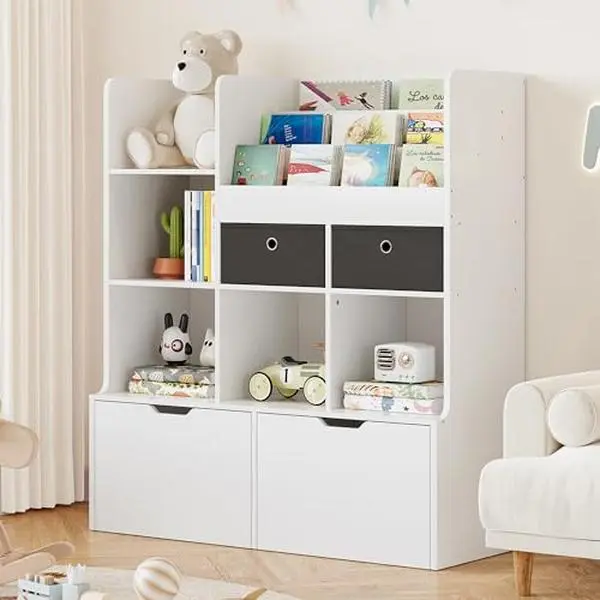 GARVEE Rectangular Kids Wooden Bookshelf with 4 Drawers, 47.8 in Children Bookcase, Baby Storage Rack, Toy Organizer Cabinet for Nursery, Kids Room