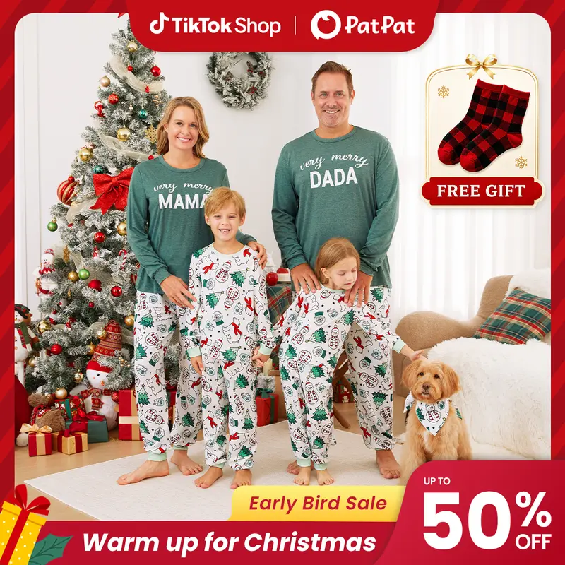 Patpat Family Christmas Pajamas Soft Stretchy Polyester Long Sleeve Sleepwear Set, Snowman & Polar Bear Print & Elastic Waist for easy fit, Cozy Matching Outfits for Adults, Kids & Baby in Autumn Winter, Dog Scarf, Spotlight Day, BFCM Early Bird