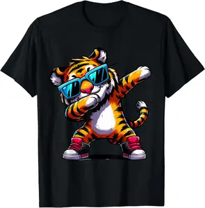 Men's Soft Natural Cotton Casual Short-Sleeve Round Neck T-Shirt - Fashion Him Menswear Streetwear Sports Top with Dabbing Tiger Graphic, Breathable Fabric, Stylish Mens Clothes