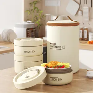 4-Piece Insulated Stainless Steel Round Bento Box Set, 4-Layer Stackable Leakproof Microwave-Safe Thermal Food Container with Beige Insulated Lunch Bag for Adults, Outdoor Tableware for Camping & Picnic