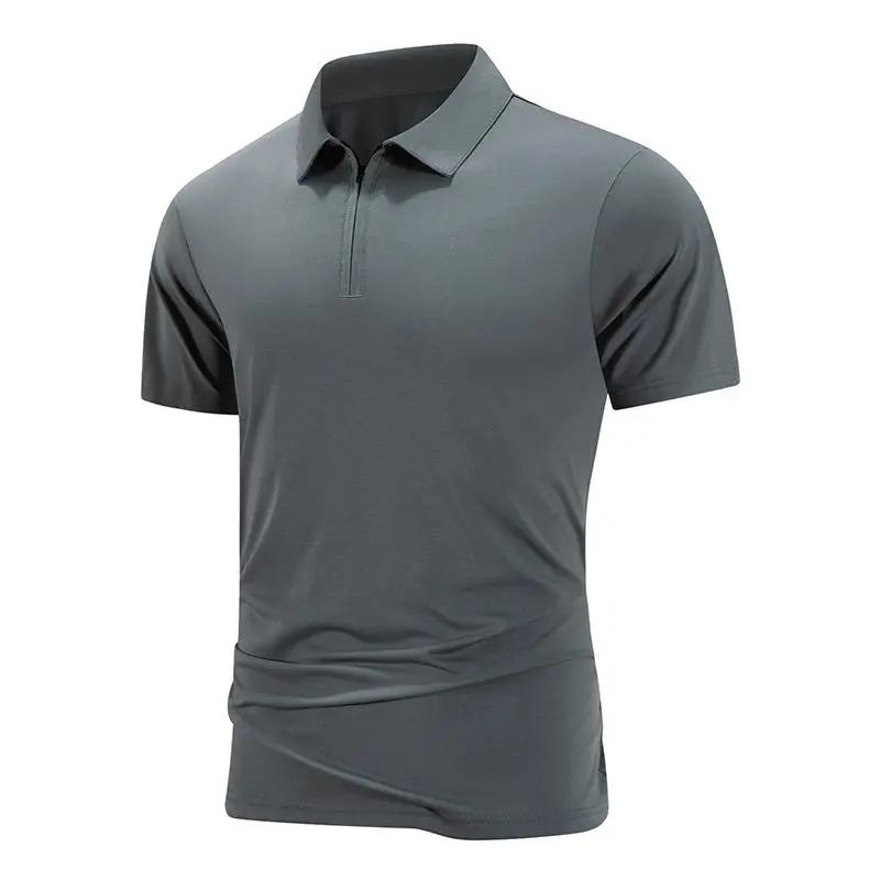 Men's Fitted Quick-Dry Golf Polo Shirt, Breathable Polyester Short Sleeve Top with a Half-Zip Front, Smart Casual Style in Dark Gray