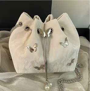Drawstring Bucket Bag, Metal Small Butterfly Chain Women's Crossbody Bag Shoulder Bag