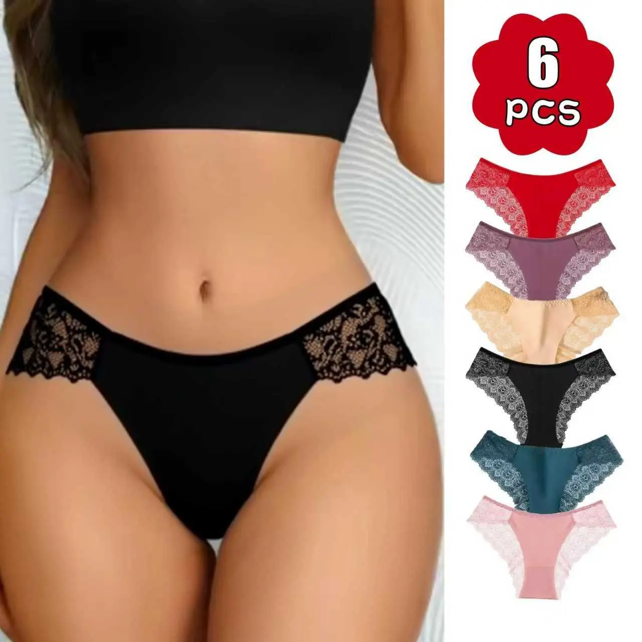 Women's Contrast Lace Panty 6-Piece Pack  Soft Breathable Seamless Fit  Comfort Daily Wear Solid-Color Sleek Modest Design Lingerie Bridal Basic Minimalist Panties Underwear Period Underwear Thongs Style Elegant Everyday Womenswear Casual panties thong