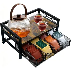 Wooden tea holder organizer, tea box storage box, tea caddy for tea bags with 8 compartments, multifunctional tea station chest for countertop drawer organizer