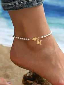 1Pcs Stainless Steel Heart Initial Women's Anklet New Classic Artificial Pearl Bead Chain Anklet Jewelry Accessories For Women Jewelry Gifts Fashionable Jewelry Accessories Foot Jewelry