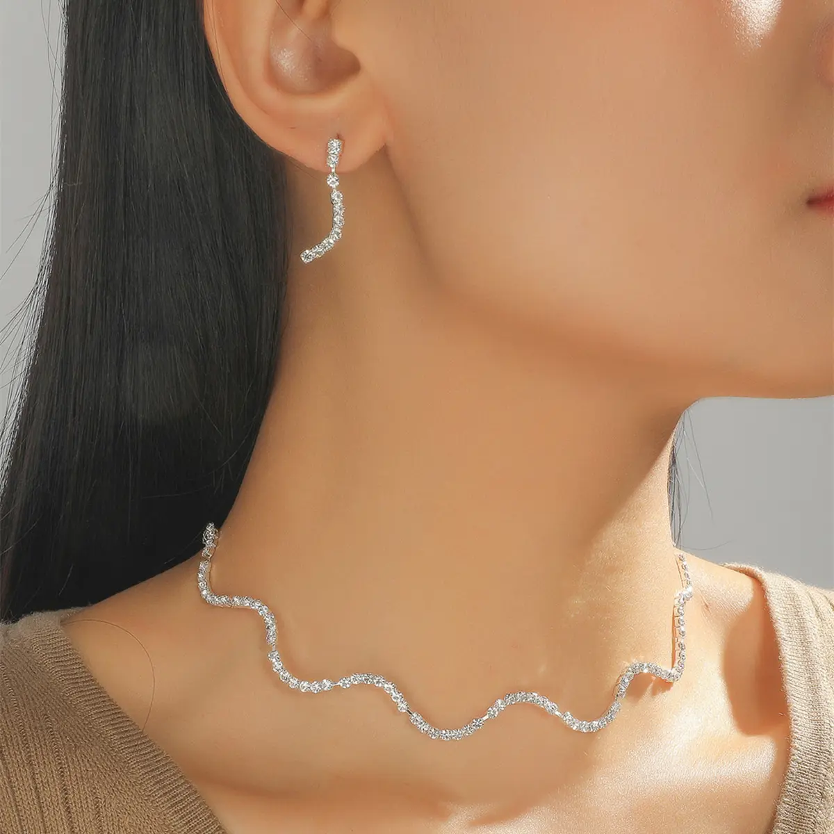 Shimmering Curve Jewelry Set Wavy Necklace Stud Earrings Birthday Wedding Engagement Anniversary Valentine's Day Gift Daily Wear