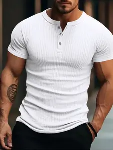 Men's Short Sleeve Ribbed Henley Shirt, Slim Fit Button Up Casual Tee, Soft Stretch Workout Top for Gym, Bodybuilding, Daily Wear & Vacation, Casual Workout Tops