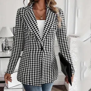 Women's Houndstooth Blazer Jacket with Buttons Elegant Check Pattern Long Sleeve Fitted V-neck Formal Office Workwear Chic Black Blazer for Daily Wear Suit Womenswear Elegance Cocktail Party Piece