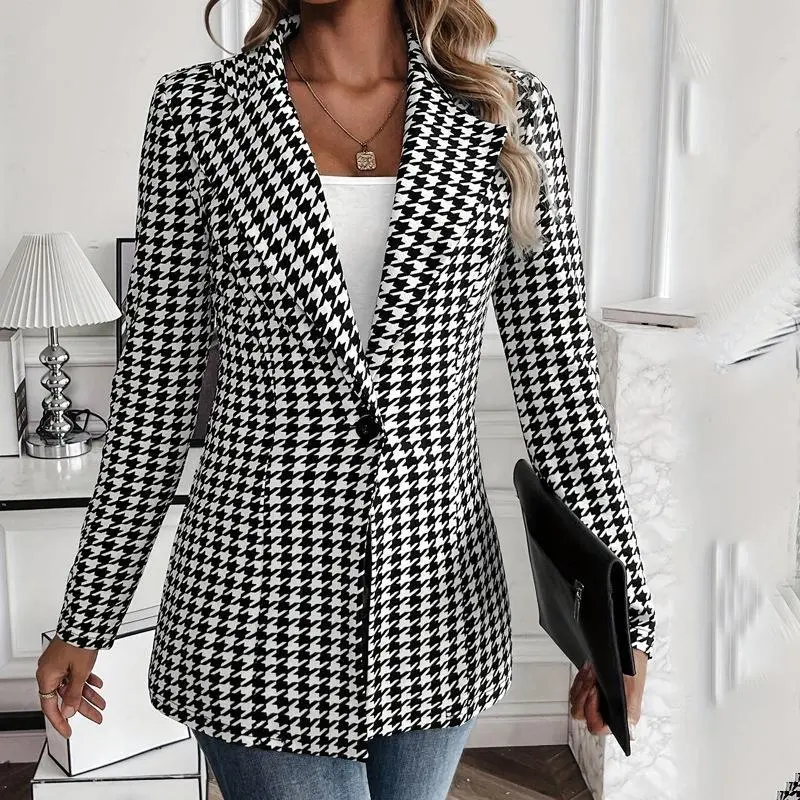 Women's Chic Houndstooth Blazer with Canine Teeth Design, Long Sleeve Fitted Button-Front Jacket for Business, Office, and Casual Holiday Wear, Longsleeves, Suit, Formal, Cocktail, Check, Elegance