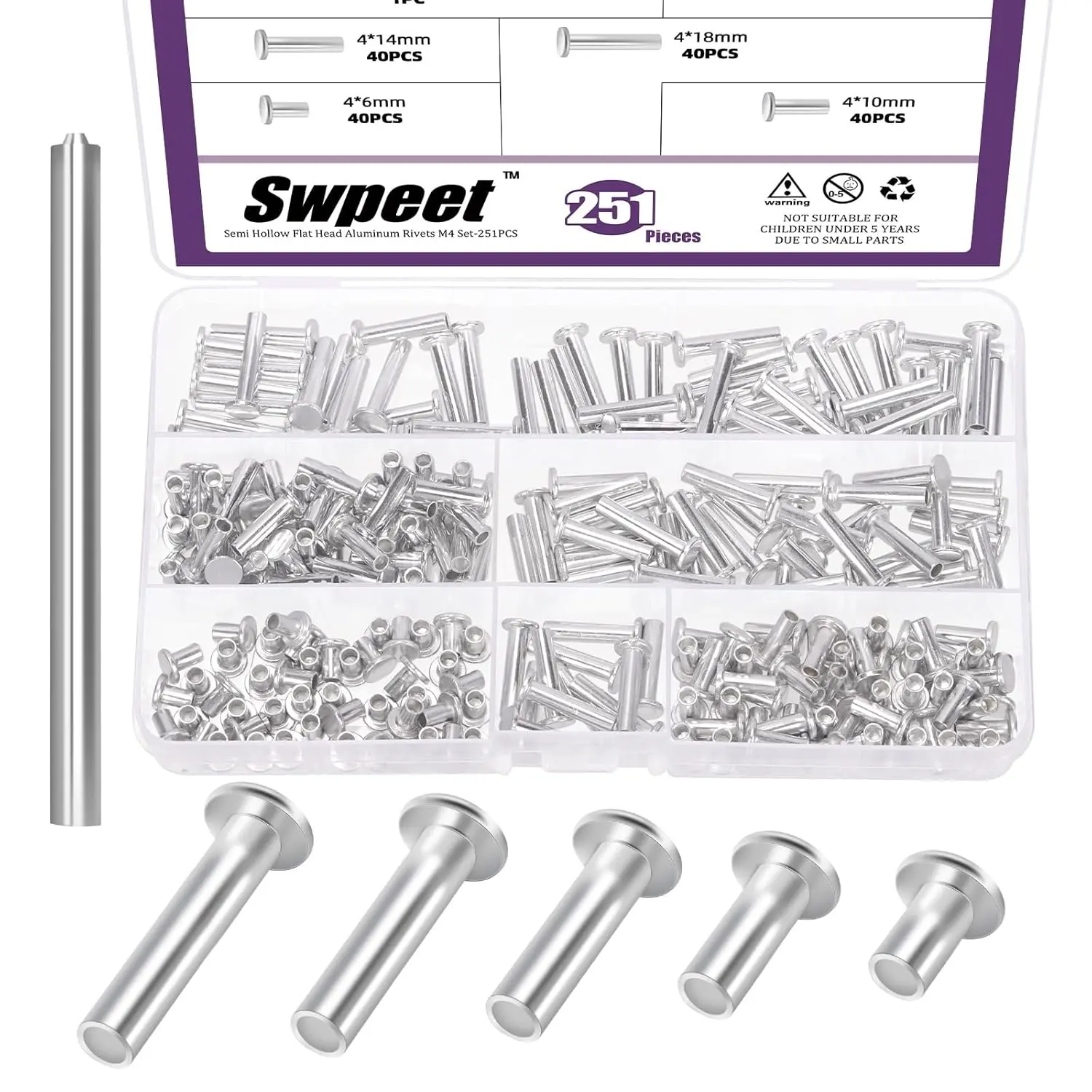Silver Tone Aluminum Round Flat Head Semi Tubular Rivets Assortment Kit (251Pcs, 5 Sizes: M4×6mm/10mm/14mm/18mm/20mm) with Punch for Home Craft Repairs, Decoration, Punch Assortment Kit