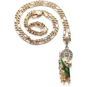 Gold Plated Green Saint Jude Pendant Necklace Figaro 24" San Judas Tadeo Medal Chain Gold Plated