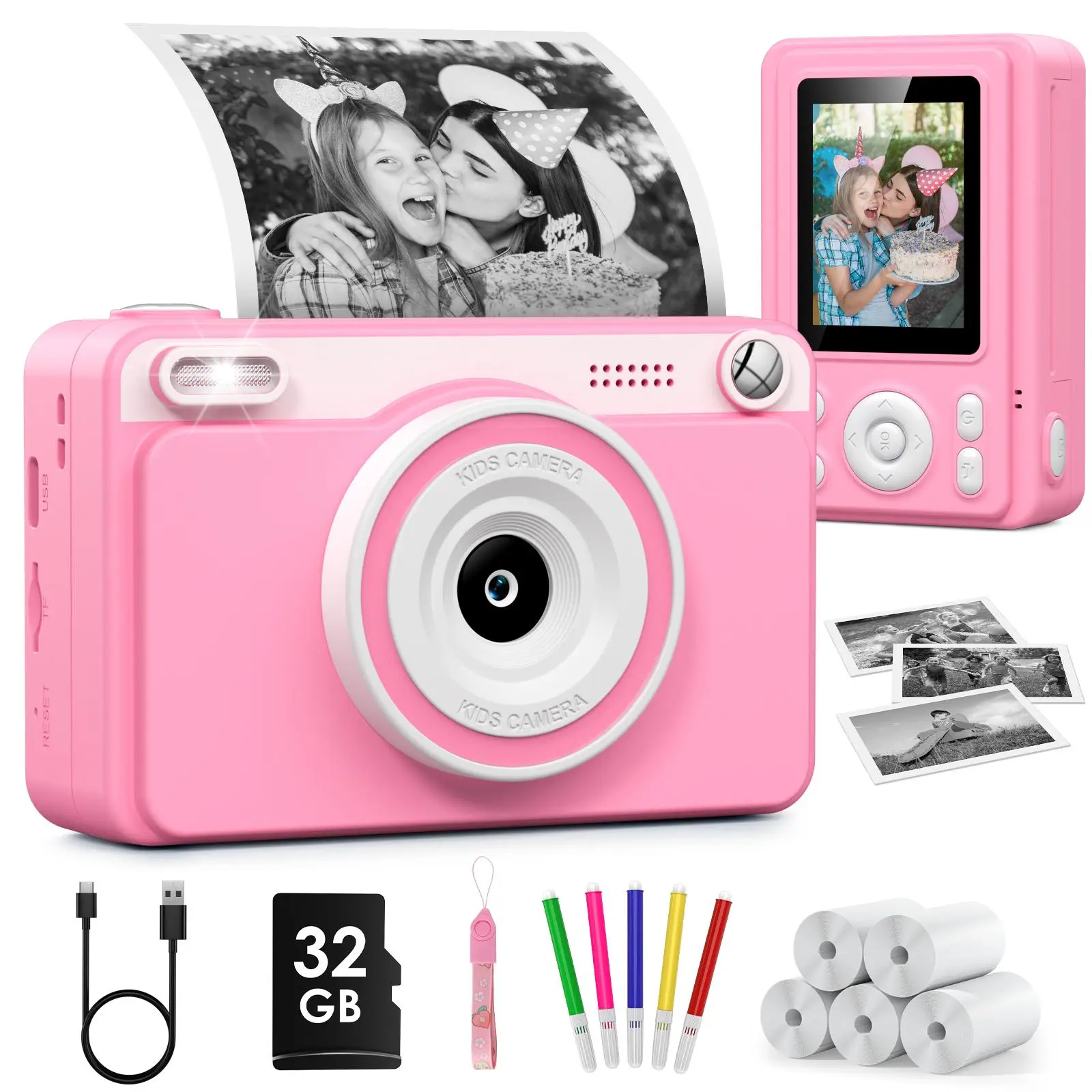 [SummerFinds] Plastic Kids Instant Digital Camera Printer - 1080P HD, 5 Rolls of Paper, 32GB Card, Ideal 10-12 Girls' Birthday Toys & Little Gifts (Camera Digital)