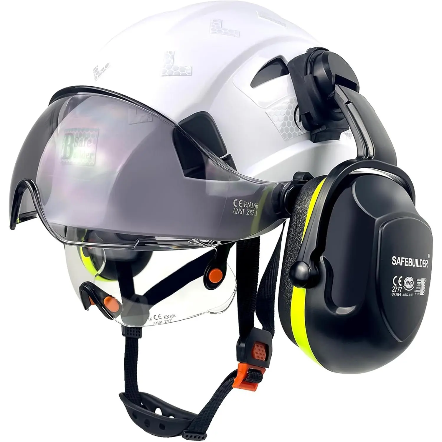 Vented ABS Safety Helmet with Integrated Dual Polycarbonate Visors, 6-Point Suspension and Chin Strap for Construction, Mining & Rescue Work, Integrated Visor, Tinted, Industrial, Decoration, Adjustable Shell Depth, Dual Visor Protection