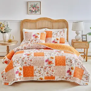 3 Pieces Floral Patchwork Set Queen, Orange n White Flowers, Soft Microfiber, Bedspread Bed Cover for All Season- 102x90 inches