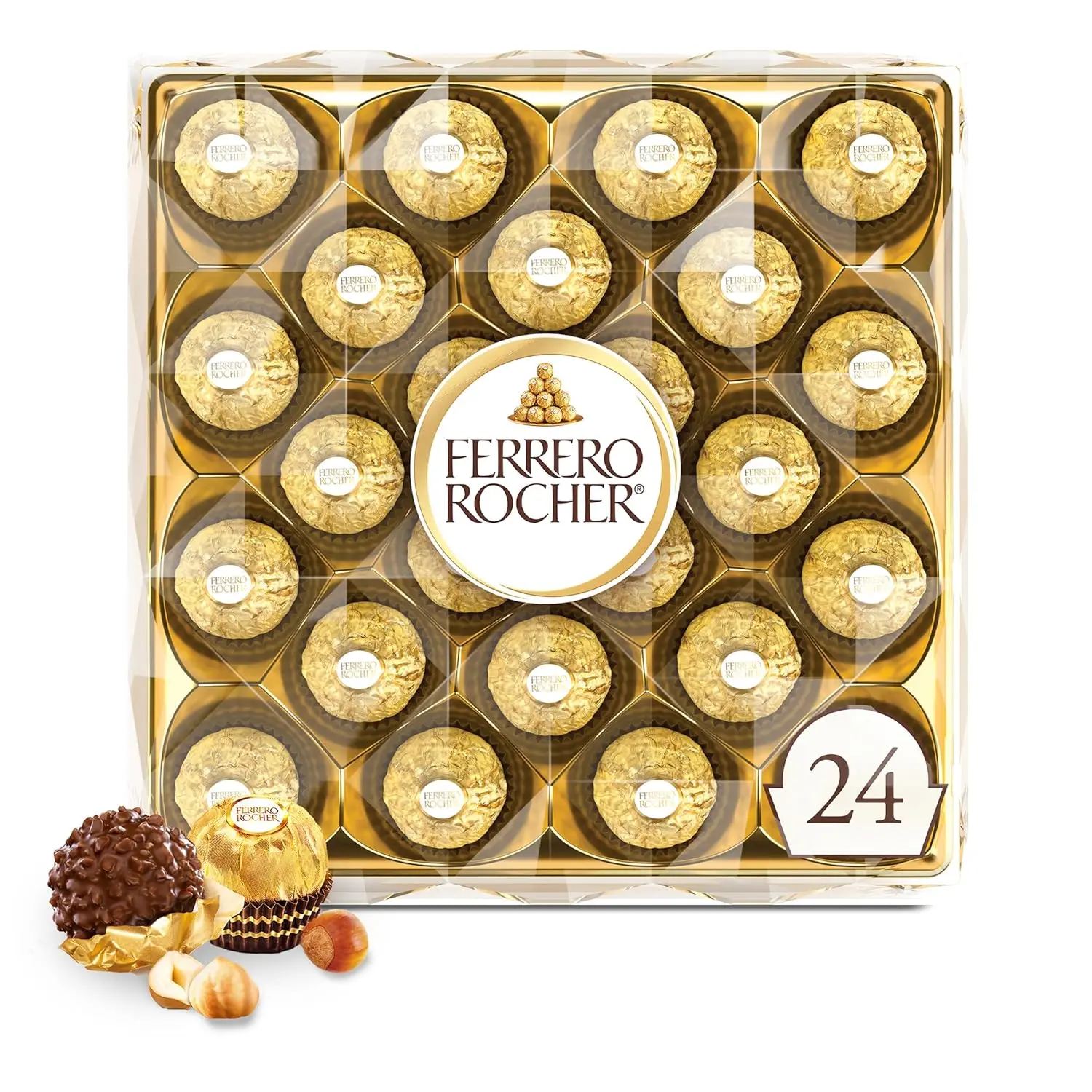 Ferrero Rocher Creamy Hazelnut Milk Chocolate Gift Box with Hazelnut Fillings, 24 Pcs Individually Wrapped Chocolate Snacks, 10.6 oz