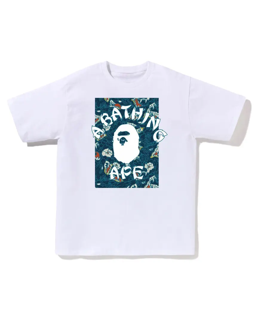 Japanese Tattoo Tee Short Sleeve Crew Neck Casual Summer T-Shirt with Iconic Ape Head Design and Plaid Pattern