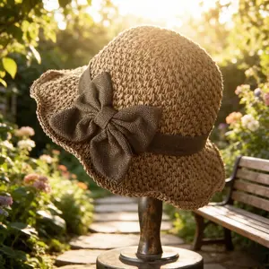 Retro hand-woven straw hat, fresh and artistic, with a ruffled bow, elegant French sun hat, foldable, breathable travel beach hat.