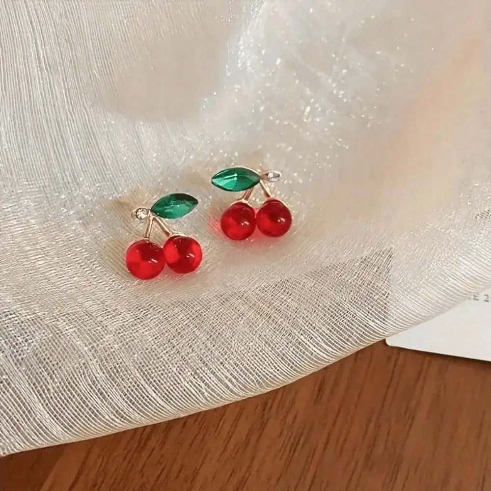 Women's Sweet Cherry Fruit Drop Earrings - Casual Wear Unisex Costume Jewelry, Glitter Green Leaf Accents, Lightweight Hypoallergenic Fresh Style Gift for Easter, Mother’s Day, Fresh Look