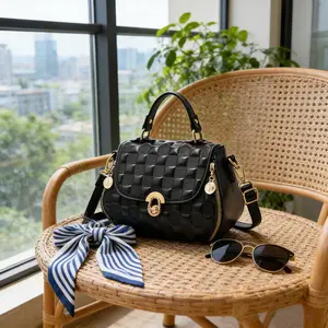 Black 3D Checkered Embossed Handbag -Luxury Woven Texture Satchel with Side Zippers & Gold Turned Lock- Elegant Crossbody Shoulder Purse for Work & Daily