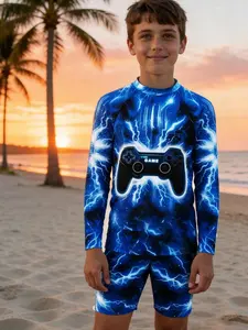 Gaming One-Piece Swimsuit, Boy Lightning Game Controller Print Sun Protection Quick-Dry Diving Suit, Swimming Set, Swimwear