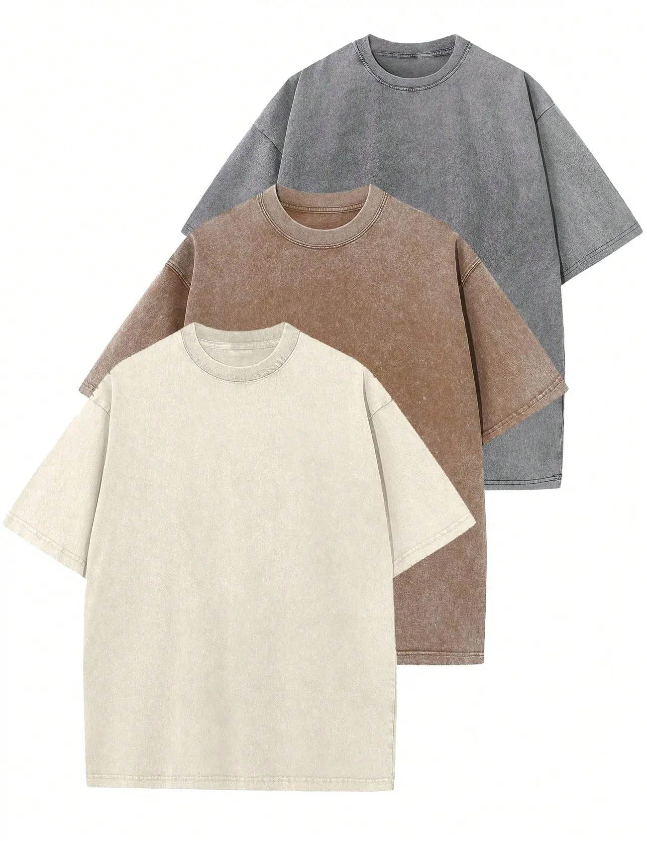Men's 3-Pack Basic Round Neck Soft 100% Cotton Vintage Washed Oversized Baggy Drop Shoulder Short Sleeve Grunge Streetwear Tee Tops, Sweatpants, Cargo Pants, Men's T Shirts