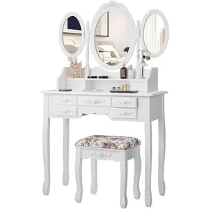 CHARMAID Vanity Set with Tri-Folding Mirror and Cushioned Stool, Dressing Table with 7 Drawers and a Shelf, Antique Makeup Table with Removable Top, Vintage Makeup Vanity Set for Women Girls (White)