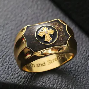 Gold Onyx Cross Ring Men's Faith Power & Style Statement Jewelry with Intricate Design and Elegant Gold Trim Confidence Belief