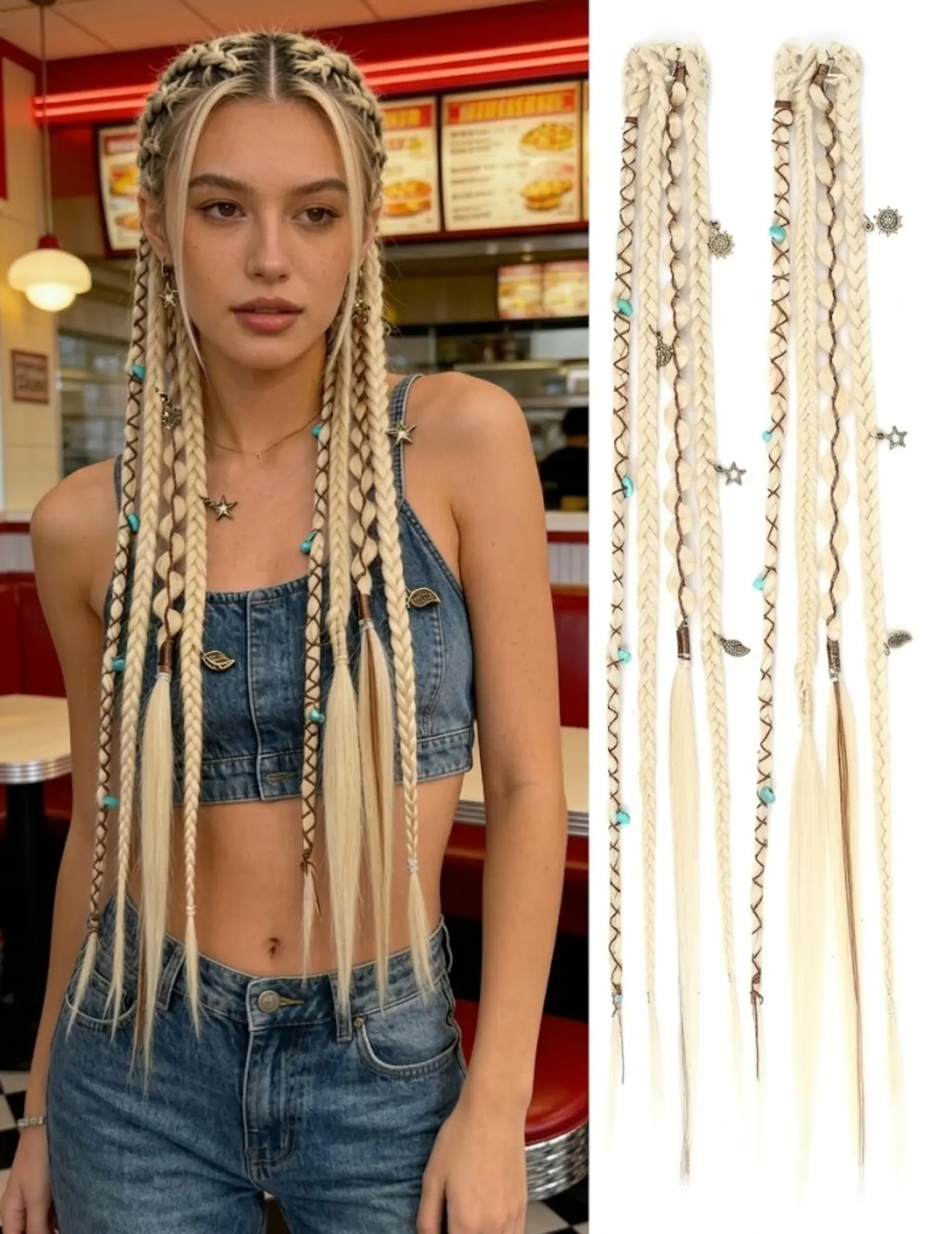 2pcs Clip in Braid Hair Extensions for Women, 20" Boho Faux Locs Dreadlock Braids with Beads & Charms, Handmade Synthetic Hairpieces for Cosplay Daily Styling Versatile Use
