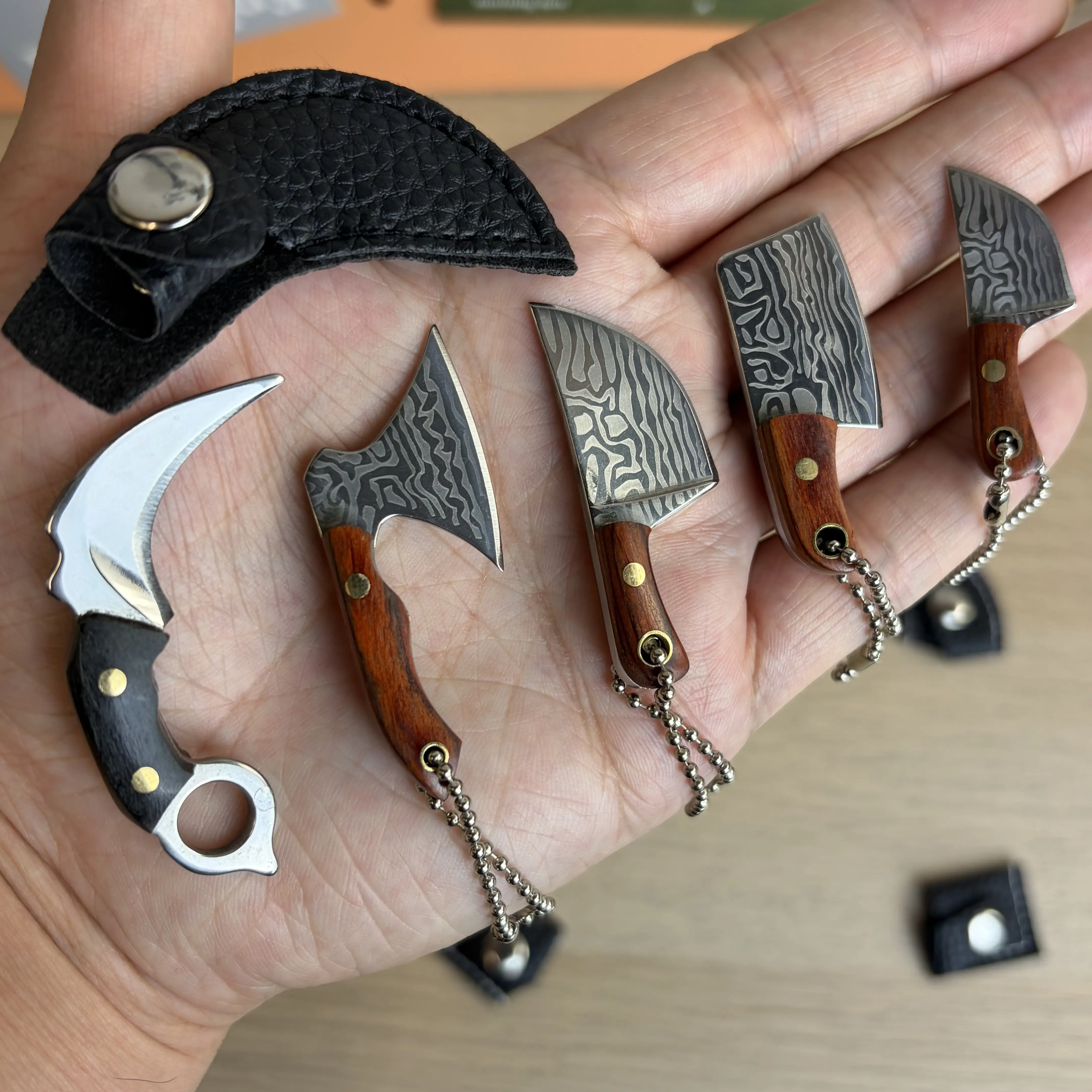 SET OF 5 Mini Pocket Knife Set with Leather Pouches(machete, axe, square knife, large pork knife and small pork knife), EDC Knife Keychain for Outdoor Camping, Stainless Steel&Wood