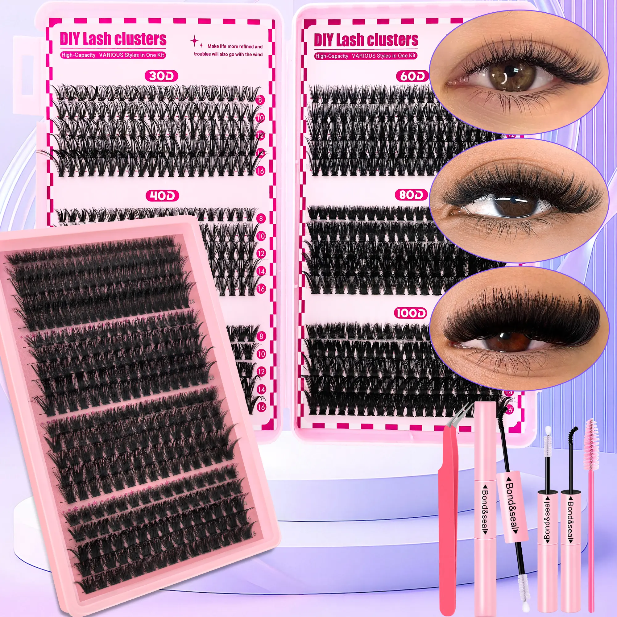 600PCS 3D Fluffy Lash Clusters Kit 30D 40D 50D 60D 80D 100D Manga Cluster Eyelash Extensions Kit with Glue & Tweezer, Natural Look to Volume C/D Curl Lash Makeup Tools for Beginner Friendly, 8-16mm Reusable DIY False Eyelashes Kit