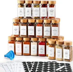 DWTS Danweitesi 36 Pcs Glass Spice Jars with Bamboo Lids & Labels, 4 Oz Spice Bottles, 180 Labels, Square Glass, Dishwasher Safe, Funnel & Chalk Pen Included