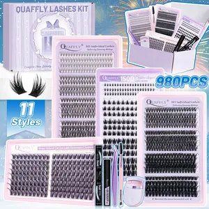QUAFFLY DIY Lash Extension Kit Natural Bottom Lashes 980Pcs DIY Eyelash Extensions Individual Eyelash Extension Kit with Lash Bond&Seal Remover Tweezer Dual-Ended Brush Lash Curler Easy to Use for Beginners