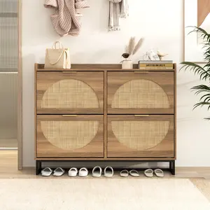 Vabches Large Rattan Shoe Storage Cabinet with Flip Drawers Freestanding Shoe Organizer for Entryway Hidden Golden Handles Rustic Oak Rattan Adjustable Garage Shelf