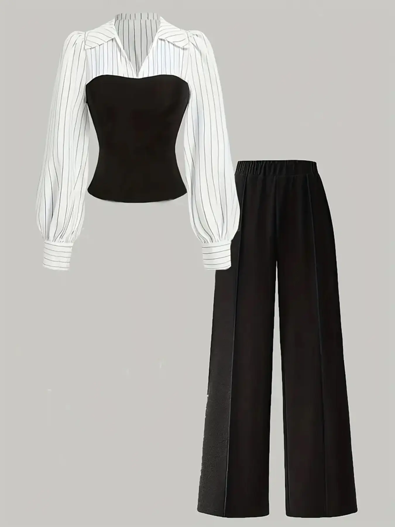 Women's Striped Patchwork Two-Piece Set, Basic Long Sleeve Puff Sleeve V Neck Top & Wide Leg Pants, Office Commute or Casual, Casual Formal Set, Fit, Suits, Womenswear