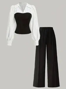Women's Striped Patchwork Two-Piece Set, Fitted Puff Sleeve V Neck Top & Wide Leg Pants, Office Commute or Casual Outfit
